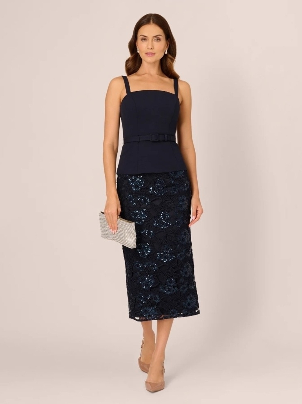 Adrianna Papell Sleeveless Sequin Lace Combo Midi Dress In Midnight Size 6